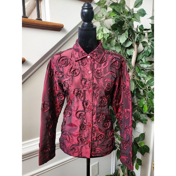 Scott Taylor Women Burgundy Polyester Collared Long Sleeve Buttons Down Shirt M - Picture 1 of 12